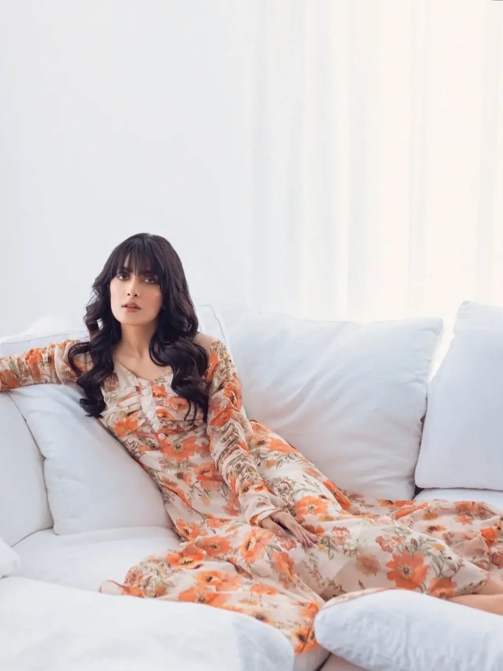 Floral Long Sleeve Women's Maxi Dress in Cream & Orange